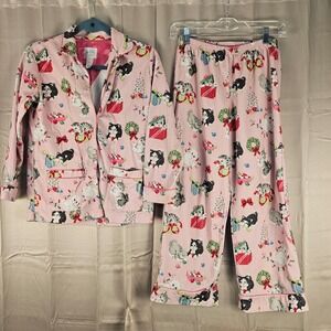 Nick‎ & Nora Girls Pink Christmas Kitten Flannel Pajamas Large 10 12